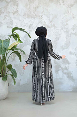 Desenli Siyah Tesettür Elbise 23921S