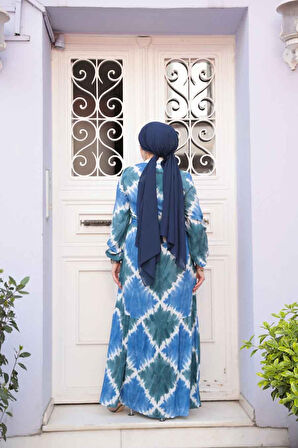 Desenli İndigo Mavisi Tesettür Elbise 23922IM
