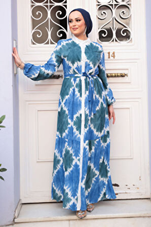 Desenli İndigo Mavisi Tesettür Elbise 23922IM