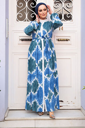 Desenli İndigo Mavisi Tesettür Elbise 23922IM