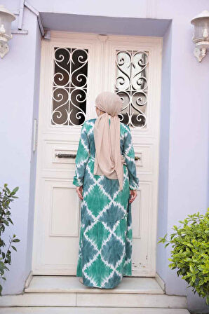 Desenli Yeşil Tesettür Elbise 23922Y