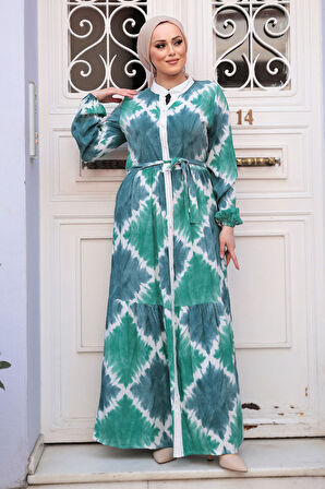 Desenli Yeşil Tesettür Elbise 23922Y
