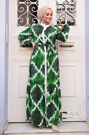 Desenli Zümrüt Yeşili Tesettür Elbise 23922ZY