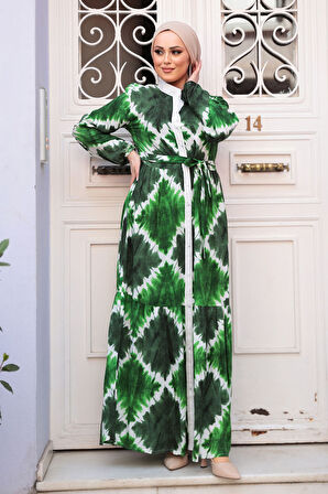 Desenli Zümrüt Yeşili Tesettür Elbise 23922ZY