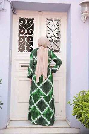 Desenli Zümrüt Yeşili Tesettür Elbise 23922ZY