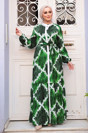 Desenli Zümrüt Yeşili Tesettür Elbise 23922ZY