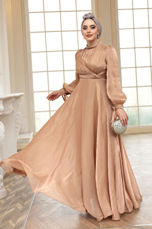Drape Detaylı Camel Tesettür Abiye Elbise 4823C