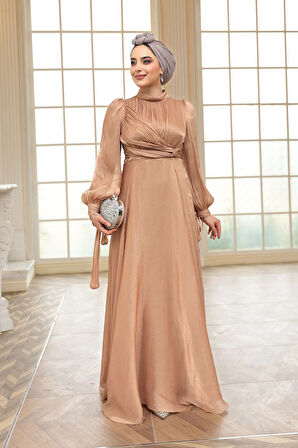 Drape Detaylı Camel Tesettür Abiye Elbise 4823C