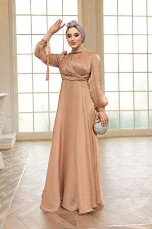Drape Detaylı Camel Tesettür Abiye Elbise 4823C
