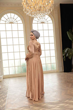 Drape Detaylı Camel Tesettür Abiye Elbise 4823C