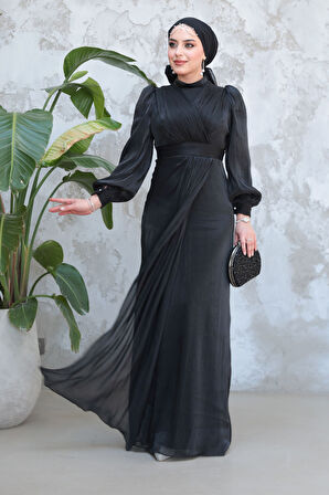 Drape Detaylı Siyah Tesettür Abiye Elbise 50921S