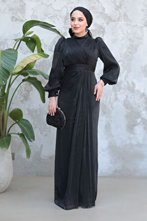 Drape Detaylı Siyah Tesettür Abiye Elbise 50921S