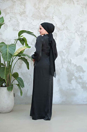 Drape Detaylı Siyah Tesettür Abiye Elbise 50921S