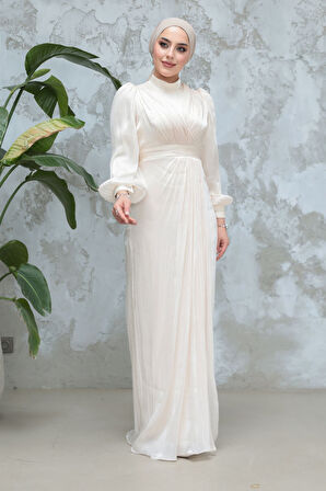 Drape Detaylı Ekru Tesettür Abiye Elbise 50921E