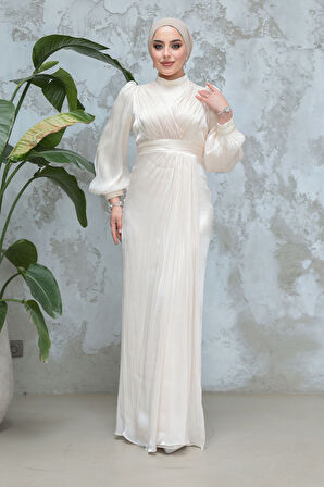 Drape Detaylı Ekru Tesettür Abiye Elbise 50921E