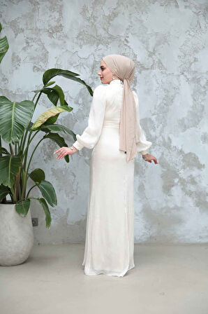 Drape Detaylı Ekru Tesettür Abiye Elbise 50921E