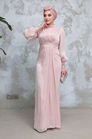 Drape Detaylı Pudra Tesettür Abiye Elbise 50921PD