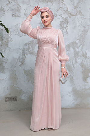 Drape Detaylı Pudra Tesettür Abiye Elbise 50921PD