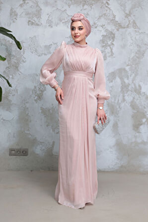 Drape Detaylı Pudra Tesettür Abiye Elbise 50921PD
