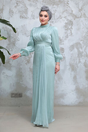 Drape Detaylı Mint Tesettür Abiye Elbise 50921MINT