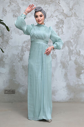 Drape Detaylı Mint Tesettür Abiye Elbise 50921MINT