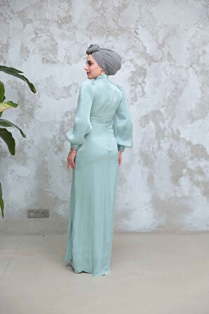 Drape Detaylı Mint Tesettür Abiye Elbise 50921MINT