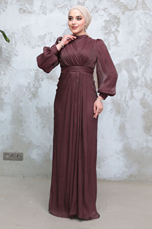 Drape Detaylı Kahverengi Tesettür Abiye Elbise 50921KH
