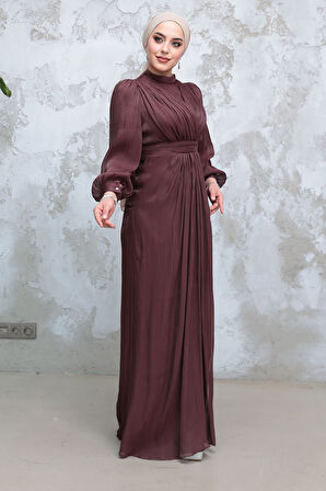 Drape Detaylı Kahverengi Tesettür Abiye Elbise 50921KH
