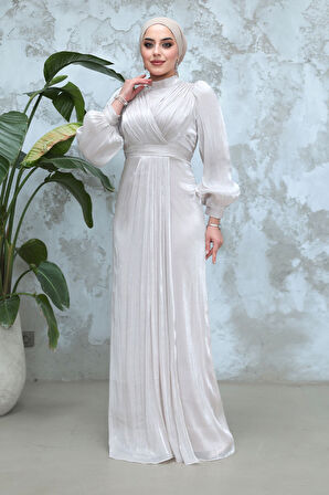 Drape Detaylı Taş Tesettür Abiye Elbise 50921TAS