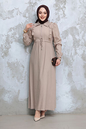 Fermuarlı Bej Tesettür Elbise 17021BEJ