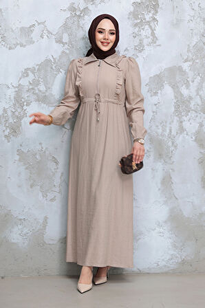 Fermuarlı Bej Tesettür Elbise 17021BEJ