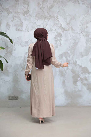 Fermuarlı Bej Tesettür Elbise 17021BEJ