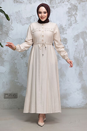 Düğmeli Bej Tesettür Elbise 17131BEJ