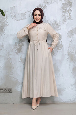 Düğmeli Bej Tesettür Elbise 17131BEJ