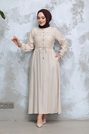 Düğmeli Bej Tesettür Elbise 17131BEJ