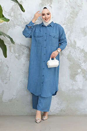 Düğmeli İndigo Mavisi Tesettür İkili Takım 44661IM