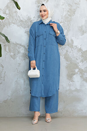 Düğmeli İndigo Mavisi Tesettür İkili Takım 44661IM