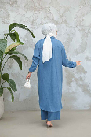 Düğmeli İndigo Mavisi Tesettür İkili Takım 44661IM