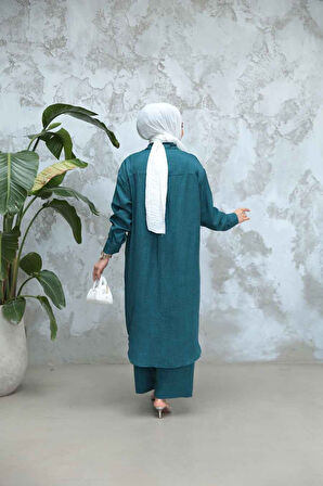 Düğmeli Petrol Mavisi Tesettür İkili Takım 44661PM