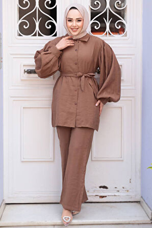 Düğmeli Camel Modal Kumaş Tesettür İkili Takım 30264C