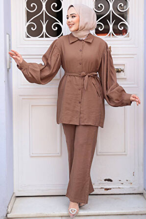 Düğmeli Camel Modal Kumaş Tesettür İkili Takım 30264C