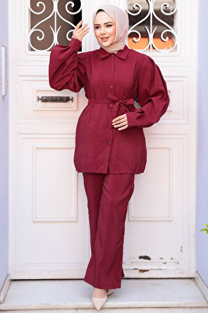 Düğmeli Bordo Tesettür İkili Takım 30264BR
