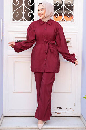 Düğmeli Bordo Tesettür İkili Takım 30264BR