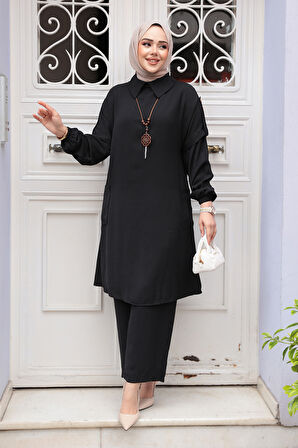 Kolyeli Siyah Tesettür İkili Takım 52631S