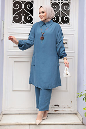 Kolyeli İndigo Mavisi Tesettür İkili Takım 52631IM
