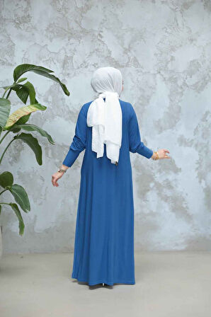 Boncuk İşlemeli İndigo Mavisi Tesettür Elbise 9345IM