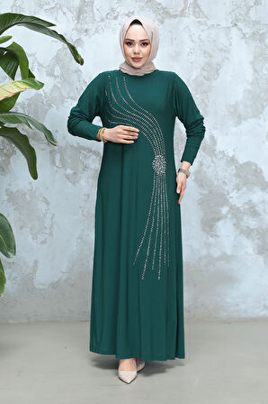 Boncuk İşlemeli Zümrüt Yeşili Tesettür Elbise 9345ZY
