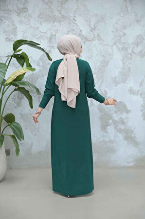 Boncuk İşlemeli Zümrüt Yeşili Tesettür Elbise 9345ZY