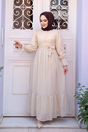 Düğmeli Bej Tesettür Elbise 13902BEJ