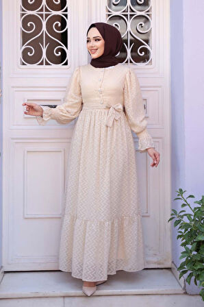 Düğmeli Bej Tesettür Elbise 13902BEJ
